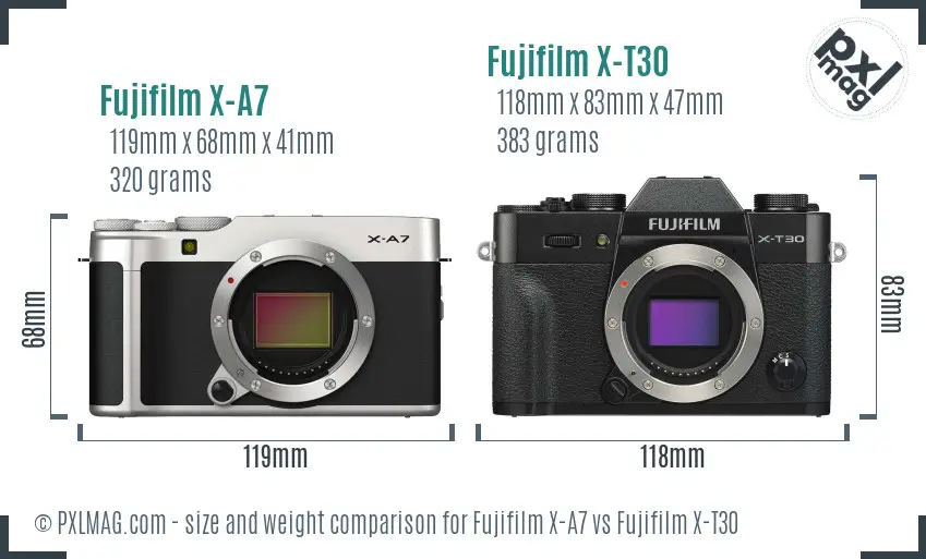 Fujifilm X-A7 vs Fujifilm X-T30 size comparison