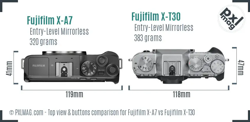 Fujifilm X-A7 vs Fujifilm X-T30 top view buttons comparison