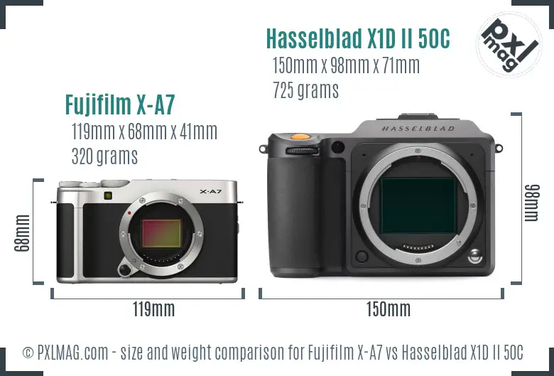Fujifilm X-A7 vs Hasselblad X1D II 50C size comparison
