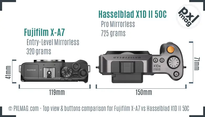 Fujifilm X-A7 vs Hasselblad X1D II 50C top view buttons comparison