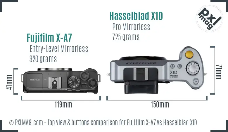 Fujifilm X-A7 vs Hasselblad X1D top view buttons comparison