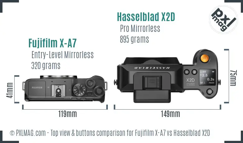 Fujifilm X-A7 vs Hasselblad X2D top view buttons comparison