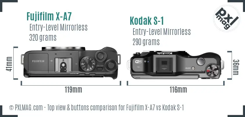 Fujifilm X-A7 vs Kodak S-1 top view buttons comparison
