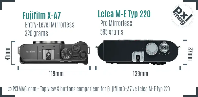 Fujifilm X-A7 vs Leica M-E Typ 220 top view buttons comparison
