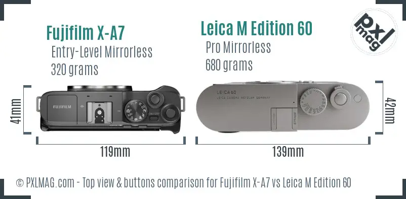 Fujifilm X-A7 vs Leica M Edition 60 top view buttons comparison Fujifilm X-A7 vs Leica M Edition 60 top view buttons comparison