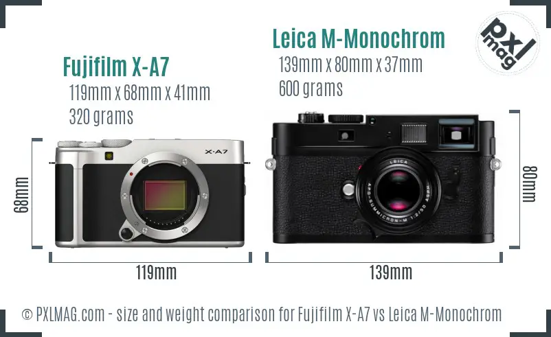 Fujifilm X-A7 vs Leica M-Monochrom size comparison