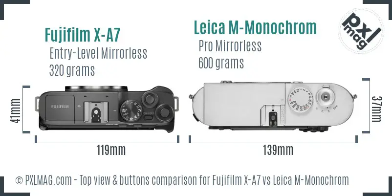 Fujifilm X-A7 vs Leica M-Monochrom top view buttons comparison