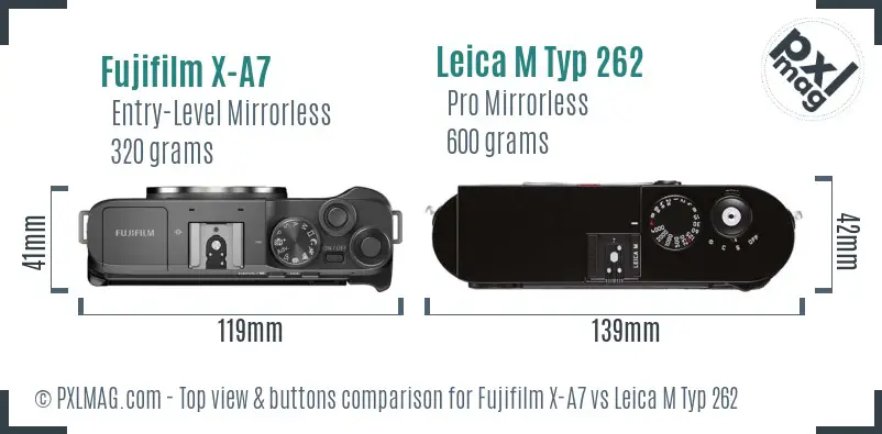 Fujifilm X-A7 vs Leica M Typ 262 top view buttons comparison