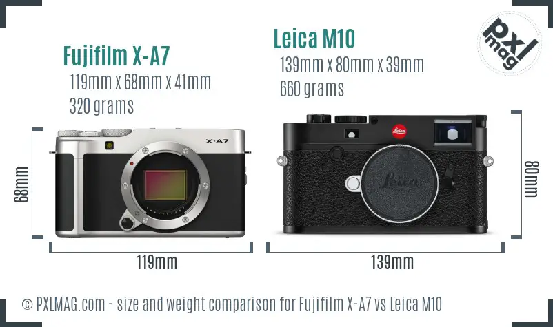 Fujifilm X-A7 vs Leica M10 size comparison