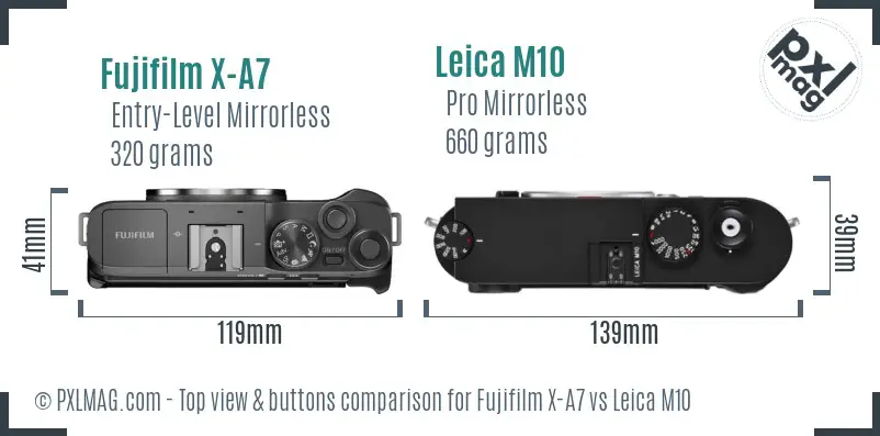 Fujifilm X-A7 vs Leica M10 top view buttons comparison