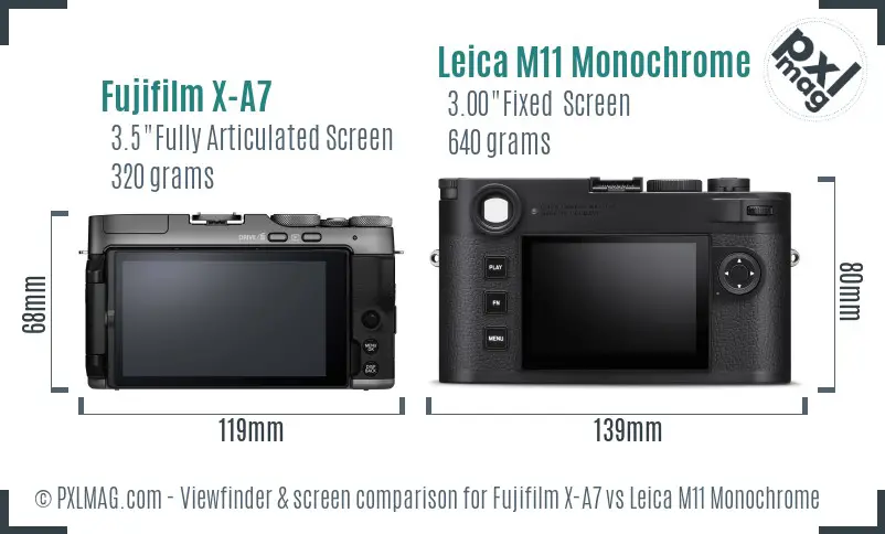 Fujifilm X-A7 vs Leica M11 Monochrome Screen and Viewfinder comparison Fujifilm X-A7 vs Leica M11 Monochrome Screen and Viewfinder comparison
