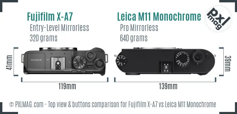 Fujifilm X-A7 vs Leica M11 Monochrome top view buttons comparison Fujifilm X-A7 vs Leica M11 Monochrome top view buttons comparison