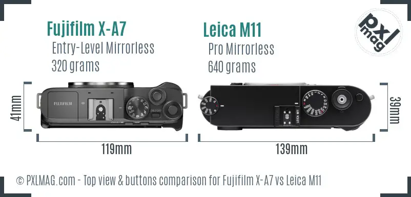 Fujifilm X-A7 vs Leica M11 top view buttons comparison Fujifilm X-A7 vs Leica M11 top view buttons comparison