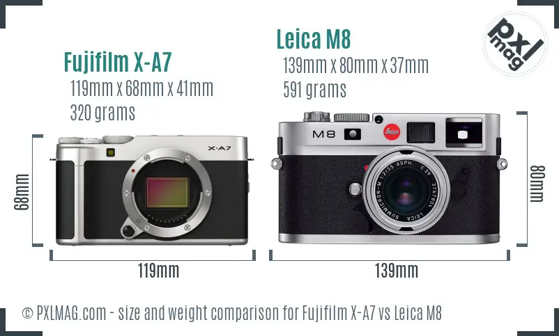 Fujifilm X-A7 vs Leica M8 size comparison