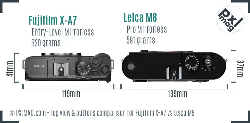 Fujifilm X-A7 vs Leica M8 top view buttons comparison