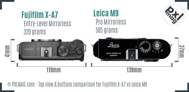Fujifilm X-A7 vs Leica M9 top view buttons comparison