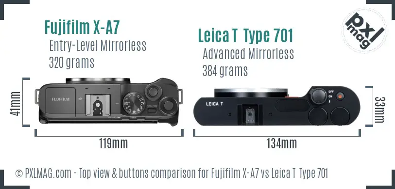 Fujifilm X-A7 vs Leica T  Type 701 top view buttons comparison