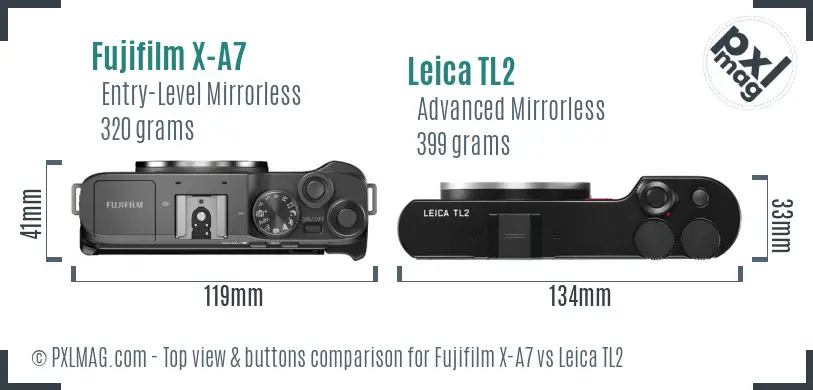 Fujifilm X-A7 vs Leica TL2 top view buttons comparison