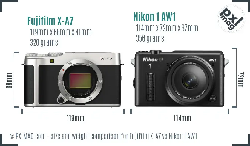 Fujifilm X-A7 vs Nikon 1 AW1 size comparison