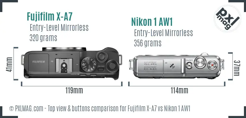 Fujifilm X-A7 vs Nikon 1 AW1 top view buttons comparison