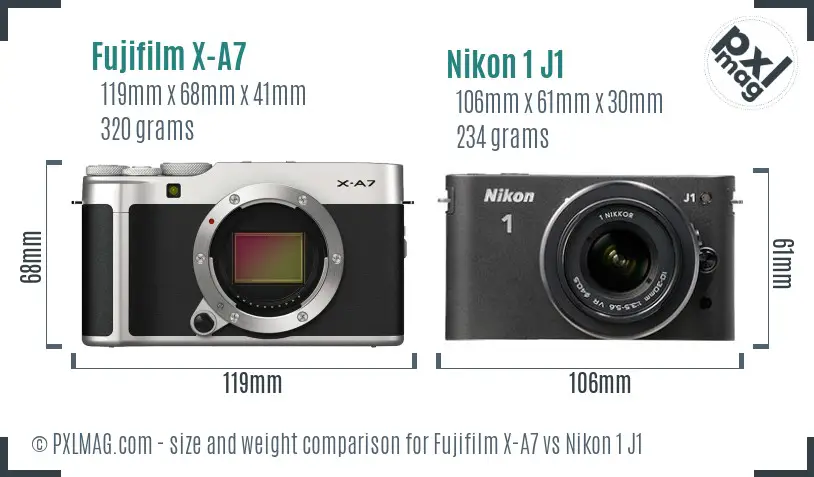 Fujifilm X-A7 vs Nikon 1 J1 size comparison