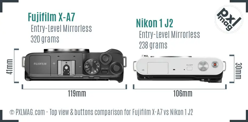 Fujifilm X-A7 vs Nikon 1 J2 top view buttons comparison