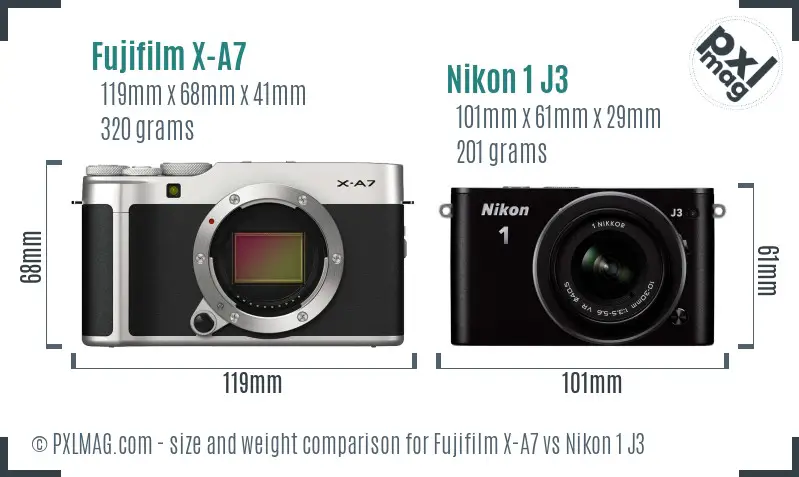 Fujifilm X-A7 vs Nikon 1 J3 size comparison