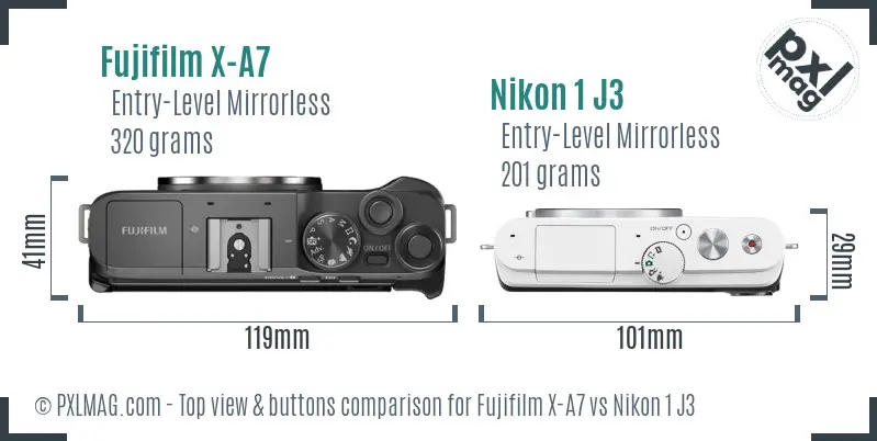 Fujifilm X-A7 vs Nikon 1 J3 top view buttons comparison