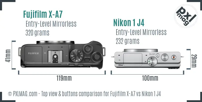 Fujifilm X-A7 vs Nikon 1 J4 top view buttons comparison