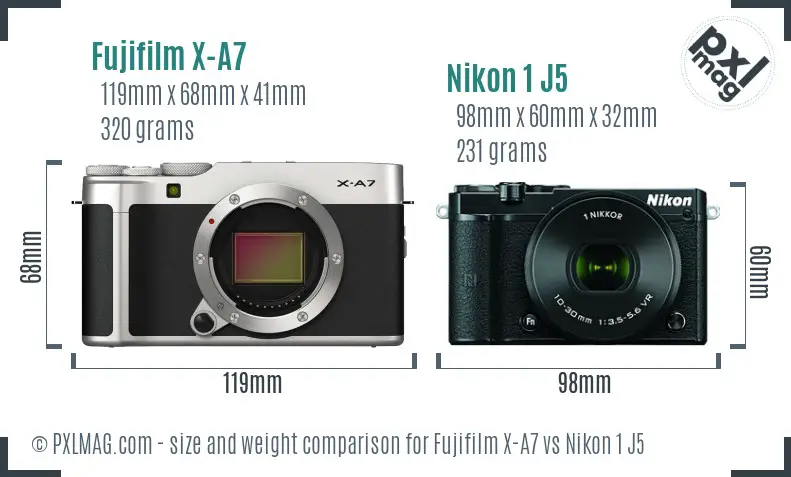 Fujifilm X-A7 vs Nikon 1 J5 size comparison