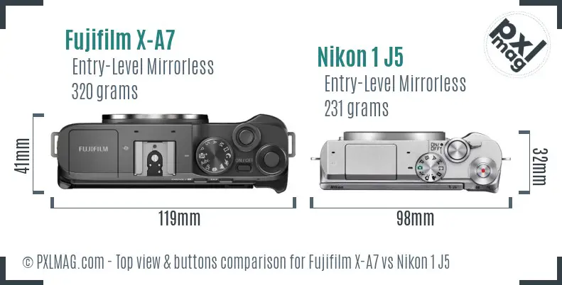 Fujifilm X-A7 vs Nikon 1 J5 top view buttons comparison