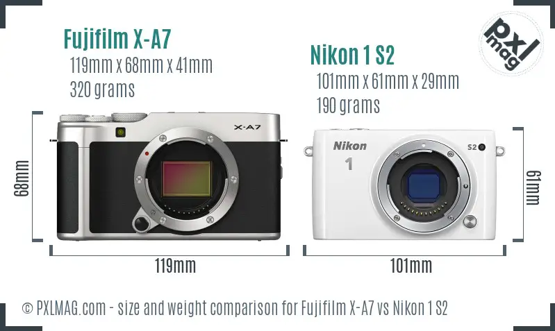 Fujifilm X-A7 vs Nikon 1 S2 size comparison