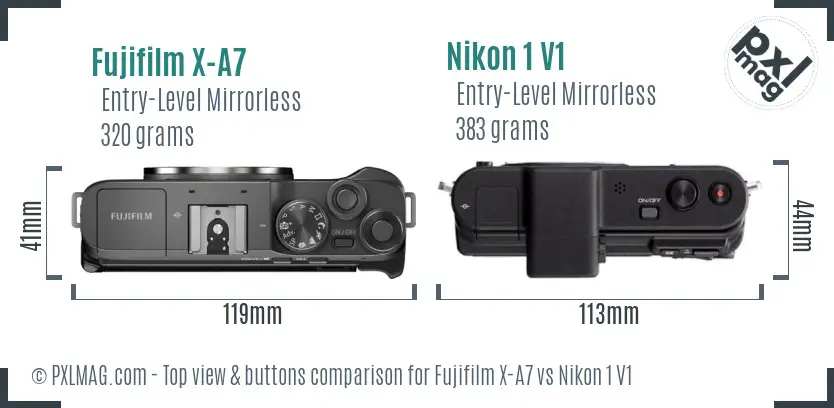 Fujifilm X-A7 vs Nikon 1 V1 top view buttons comparison