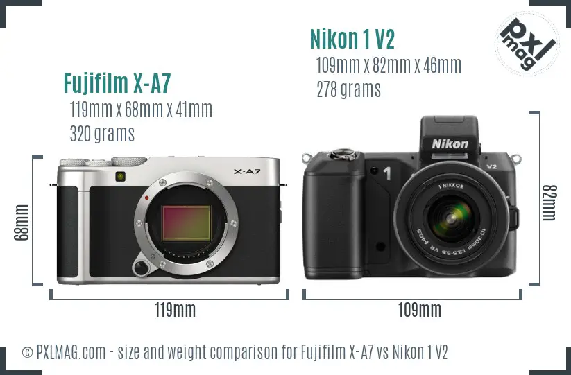 Fujifilm X-A7 vs Nikon 1 V2 size comparison