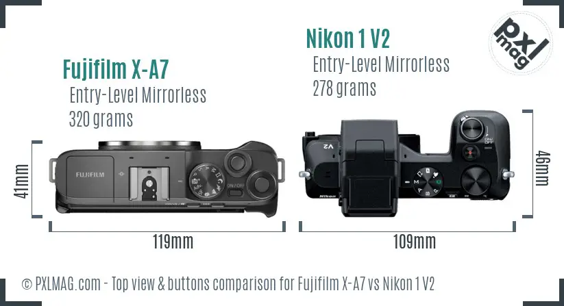 Fujifilm X-A7 vs Nikon 1 V2 top view buttons comparison