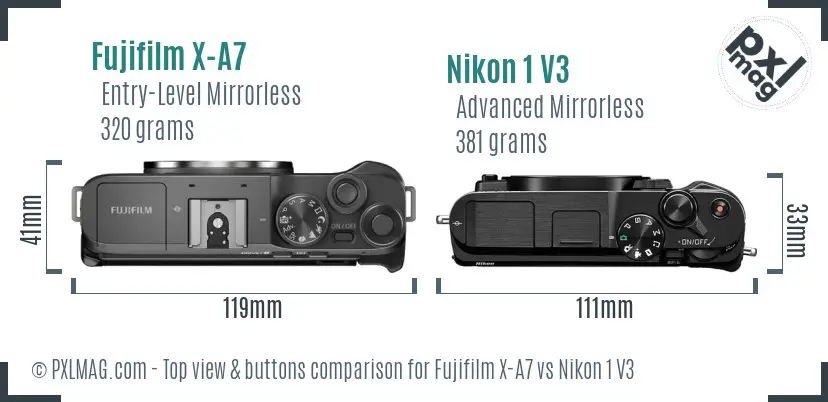 Fujifilm X-A7 vs Nikon 1 V3 top view buttons comparison Fujifilm X-A7 vs Nikon 1 V3 top view buttons comparison