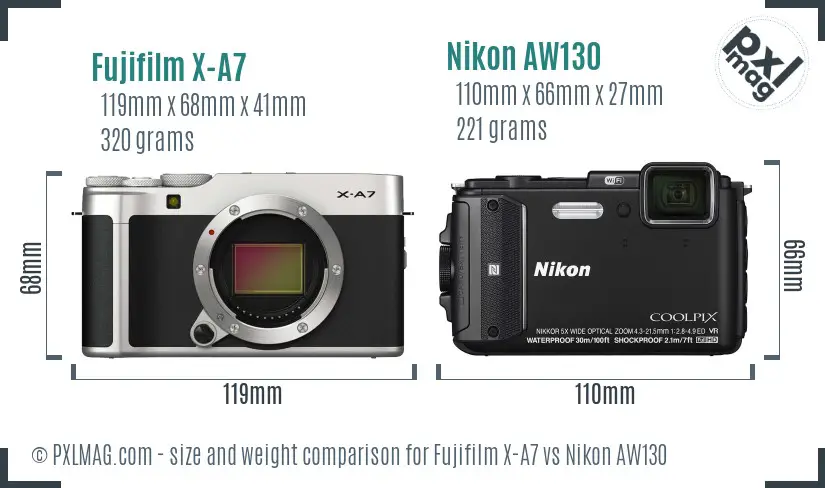 Fujifilm X-A7 vs Nikon AW130 size comparison