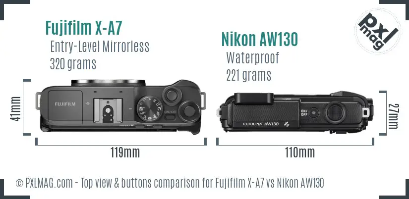 Fujifilm X-A7 vs Nikon AW130 top view buttons comparison