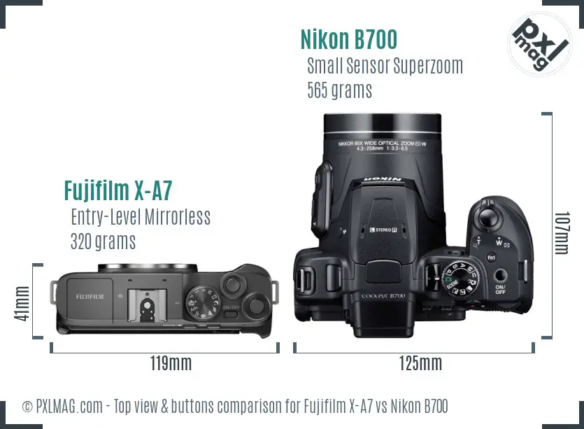 Fujifilm X-A7 vs Nikon B700 top view buttons comparison