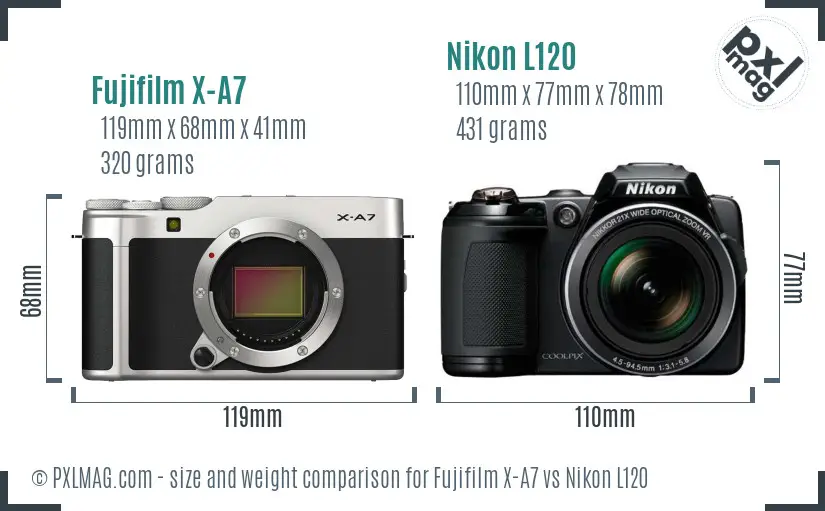 Fujifilm X-A7 vs Nikon L120 size comparison