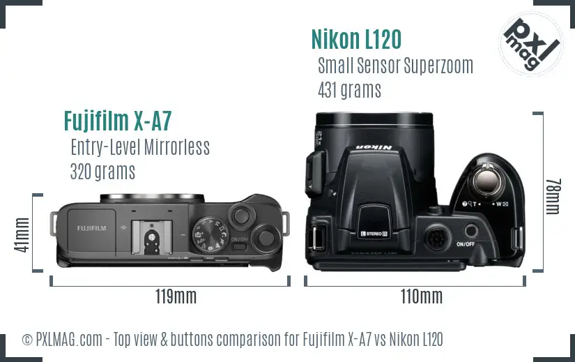 Fujifilm X-A7 vs Nikon L120 top view buttons comparison
