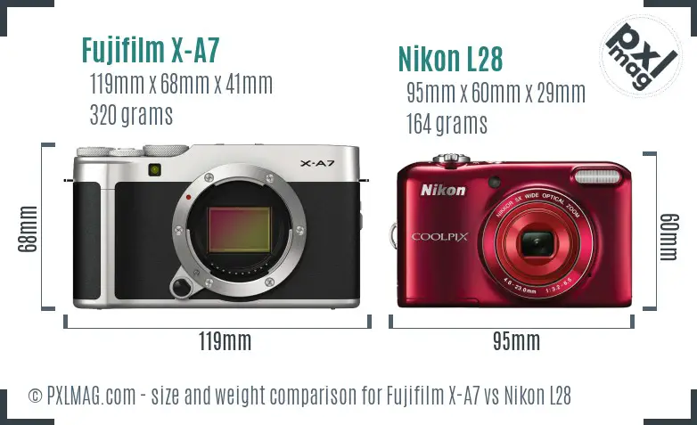 Fujifilm X-A7 vs Nikon L28 size comparison