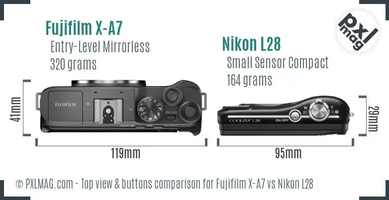 Fujifilm X-A7 vs Nikon L28 top view buttons comparison