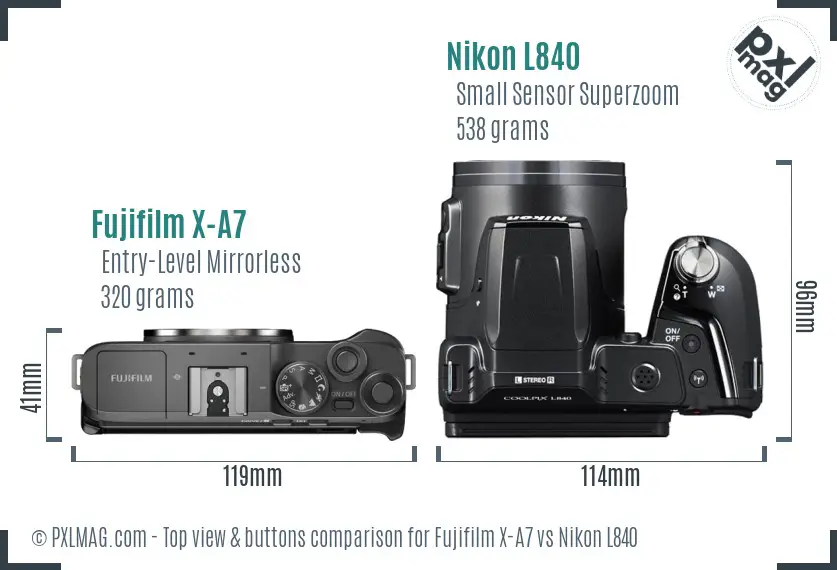 Fujifilm X-A7 vs Nikon L840 top view buttons comparison