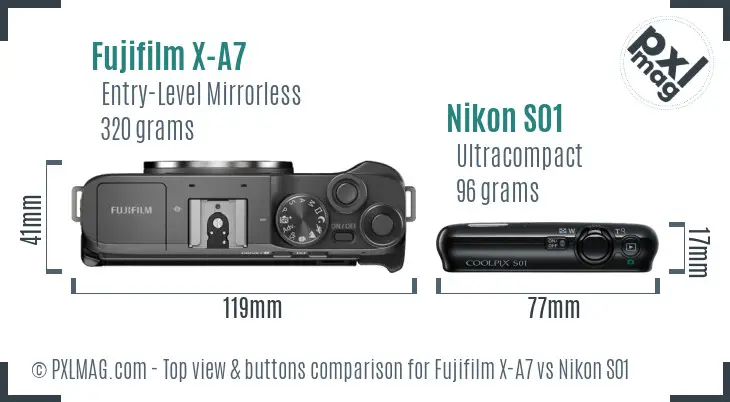 Fujifilm X-A7 vs Nikon S01 top view buttons comparison