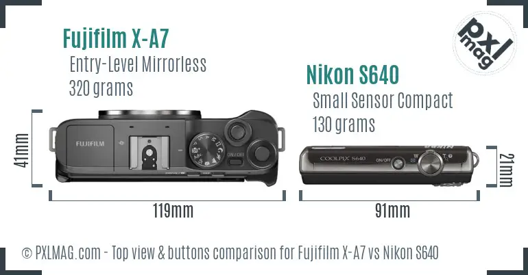 Fujifilm X-A7 vs Nikon S640 top view buttons comparison