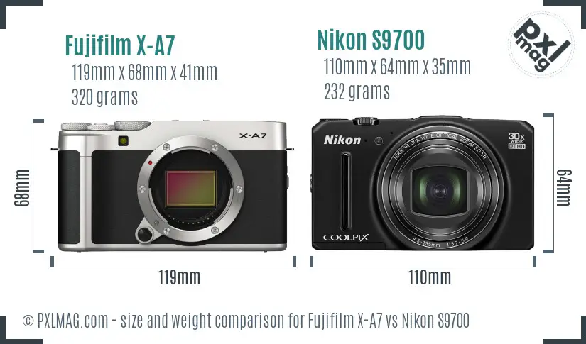 Fujifilm X-A7 vs Nikon S9700 size comparison
