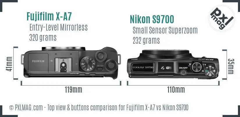 Fujifilm X-A7 vs Nikon S9700 top view buttons comparison