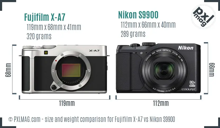 Fujifilm X-A7 vs Nikon S9900 size comparison