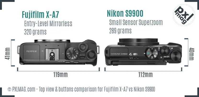 Fujifilm X-A7 vs Nikon S9900 top view buttons comparison